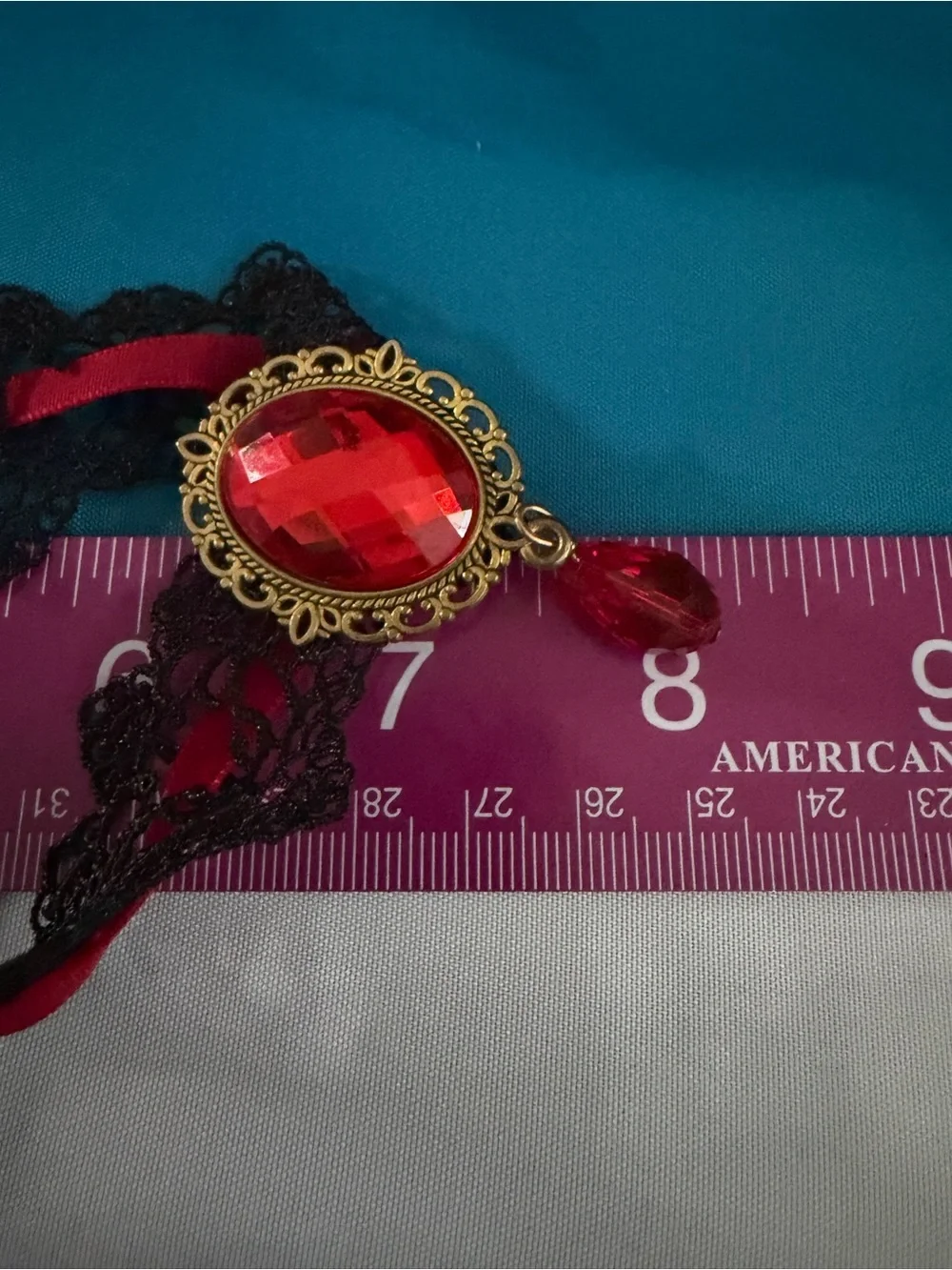 Red Lace Ribbon Choker Necklace with Antique Gold Pendant